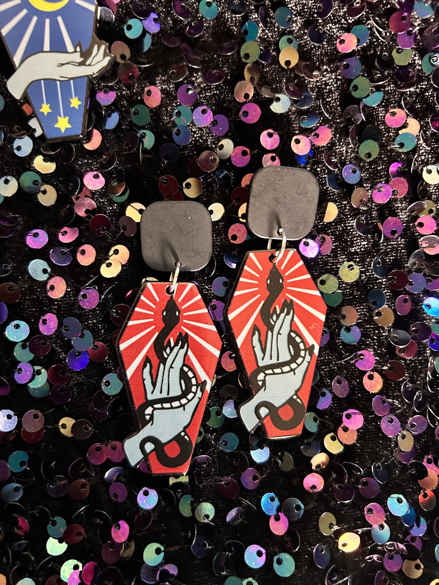 Tarot Style Coffin Shaped Earrings | Blue, Red, Purple or Grey | You Choose Style