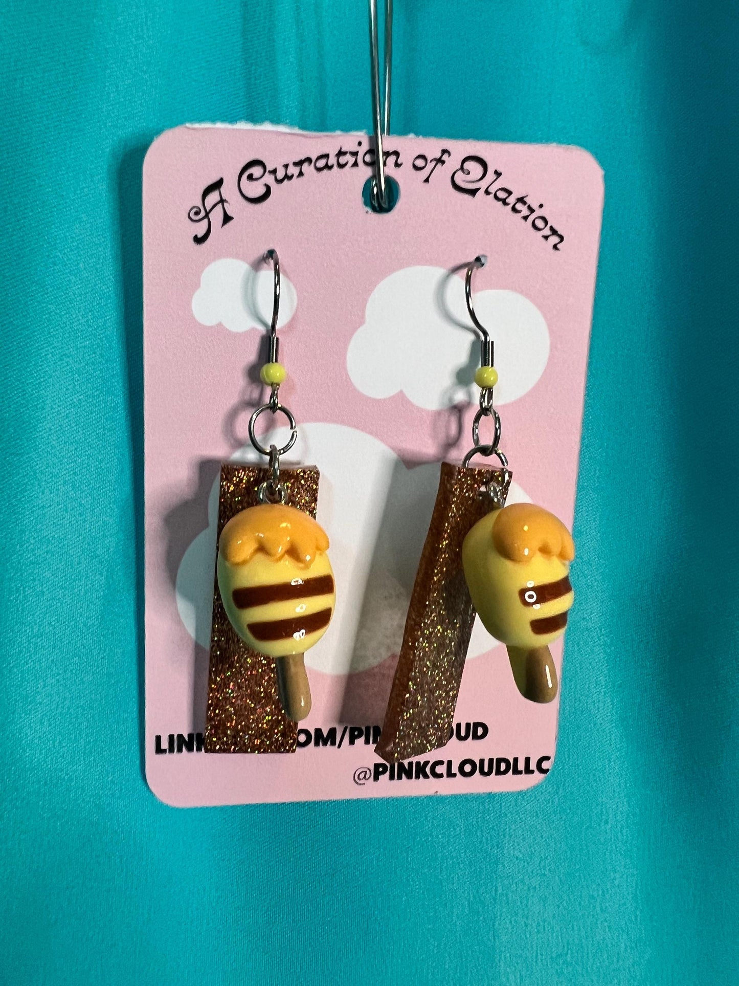 Handmade Long Dangle Earrings large glitter rectangle gold and yellow honney hunny honey pot resin charm
