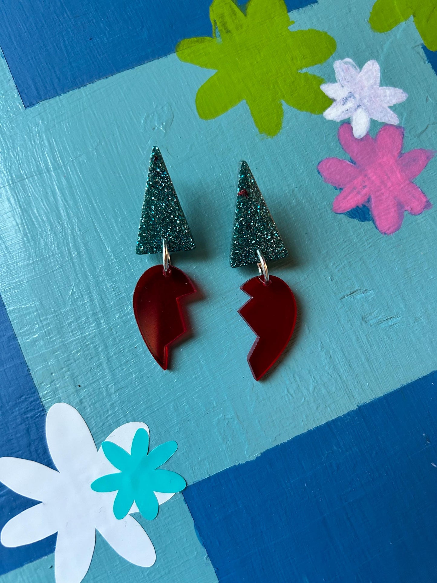 Broken Heart Earrings Below sparkle glitter turquoise colored Handmade Dangle Earrings with silver push or lever backs