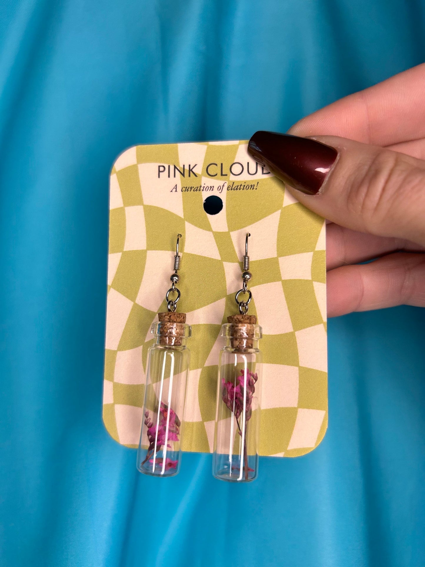 Handmade Long Dangle Potion Herb Bottle Earrings Silver fully changeable openings with dried flowers inside pink cork glass