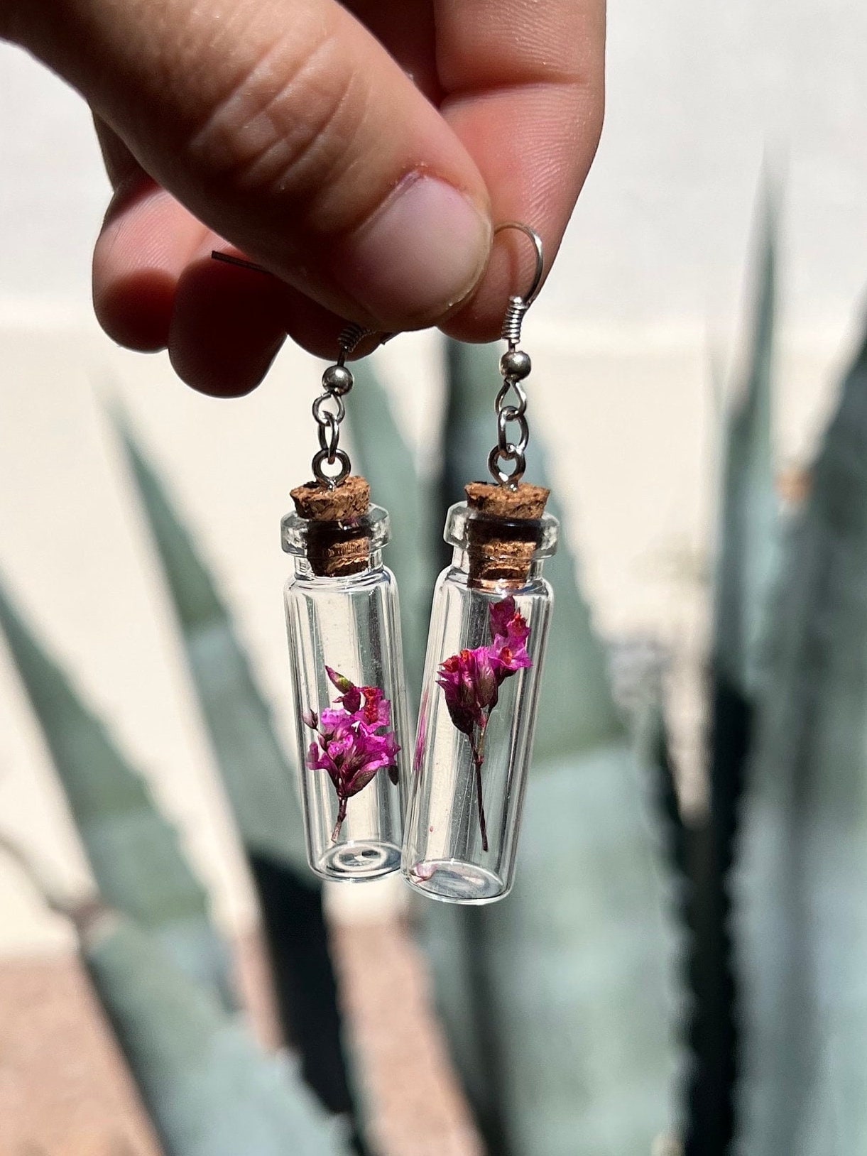 Handmade Long Dangle Potion Herb Bottle Earrings Silver fully changeable openings with dried flowers inside pink cork glass