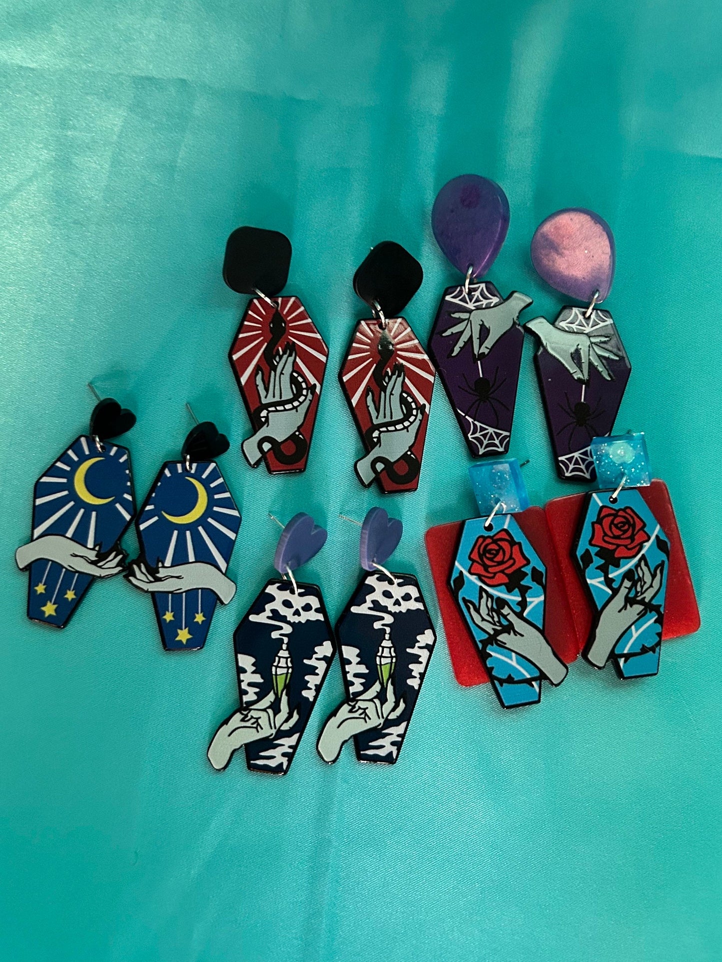 Tarot Style Coffin Shaped Earrings | Blue, Red, Purple or Grey | You Choose Style