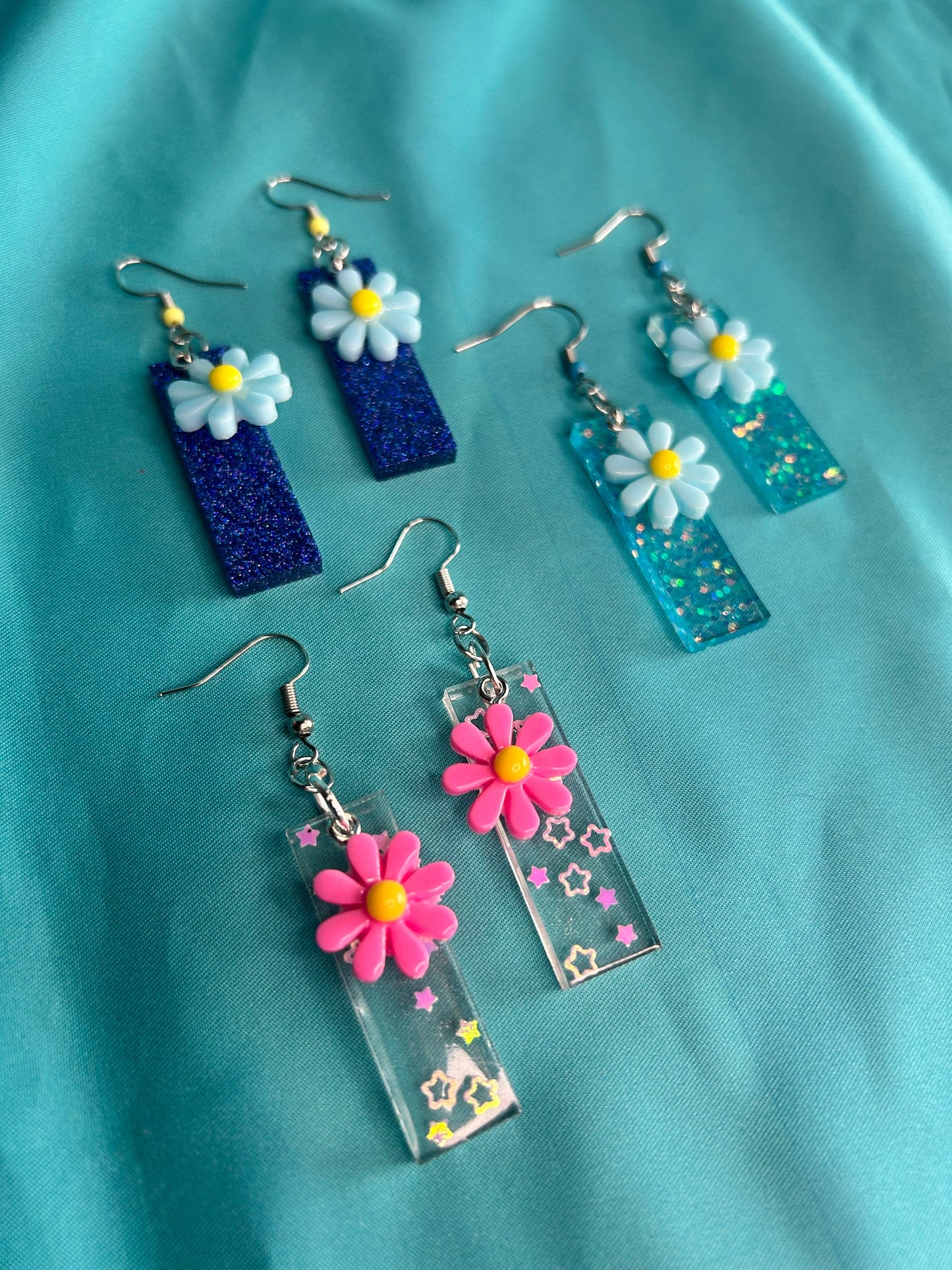 Medium Sized Rectangle Earrings | Flower Charms in Different Colors