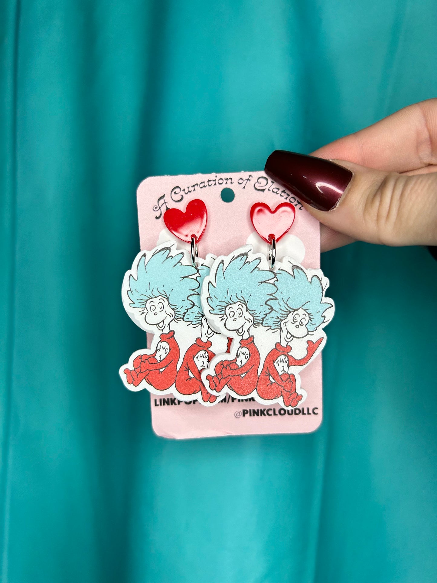 Thing 1 and 2 Dr Seuss acrylic statement Handmade Long Dangle Earrings red white and blue with red heart silver push back earrings