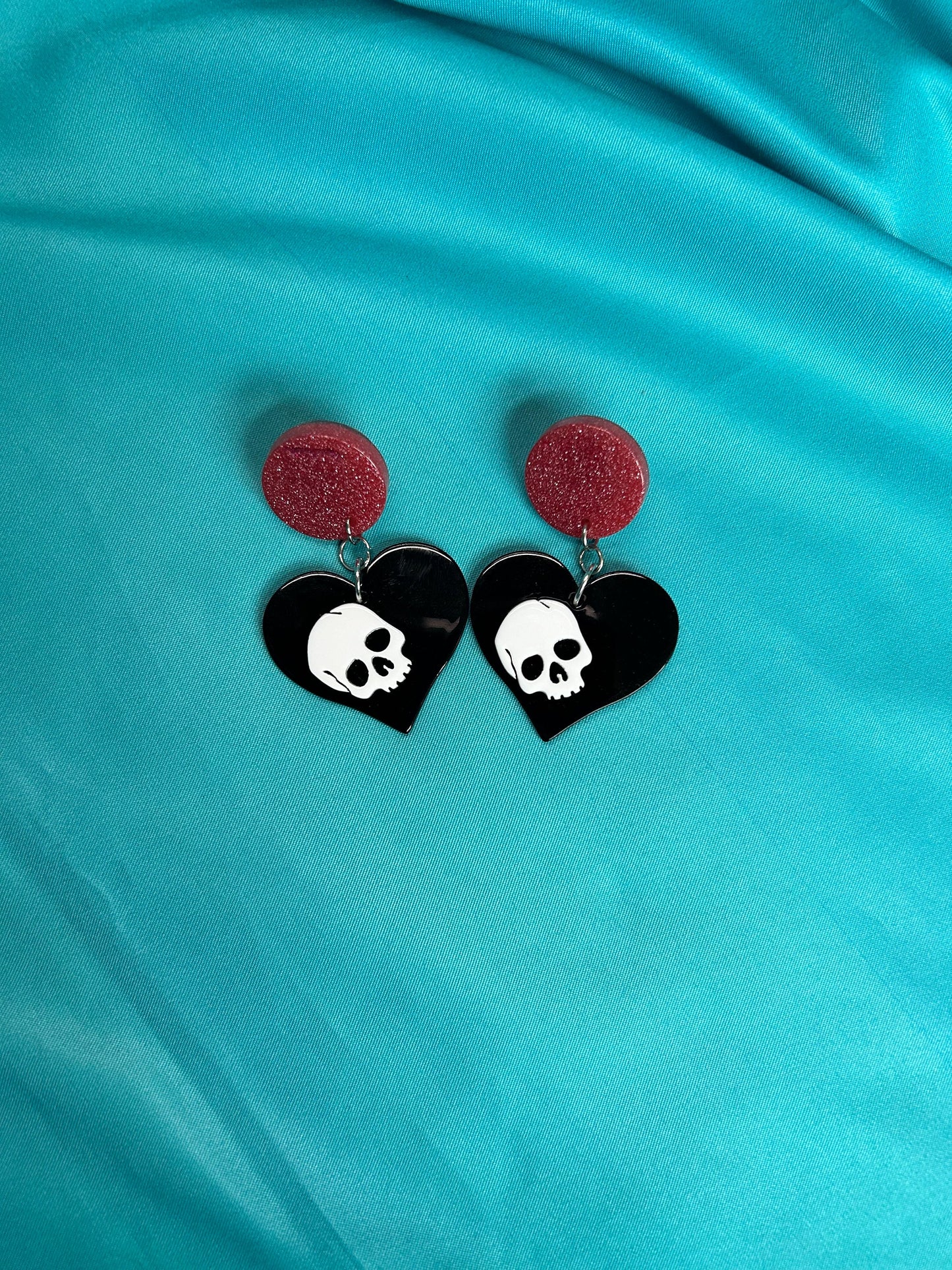 Skull on Heart Earrings | Choose Your Style | Blue Hearts, Pink Circles, Blue Triangles, Silver or Gold Hooks