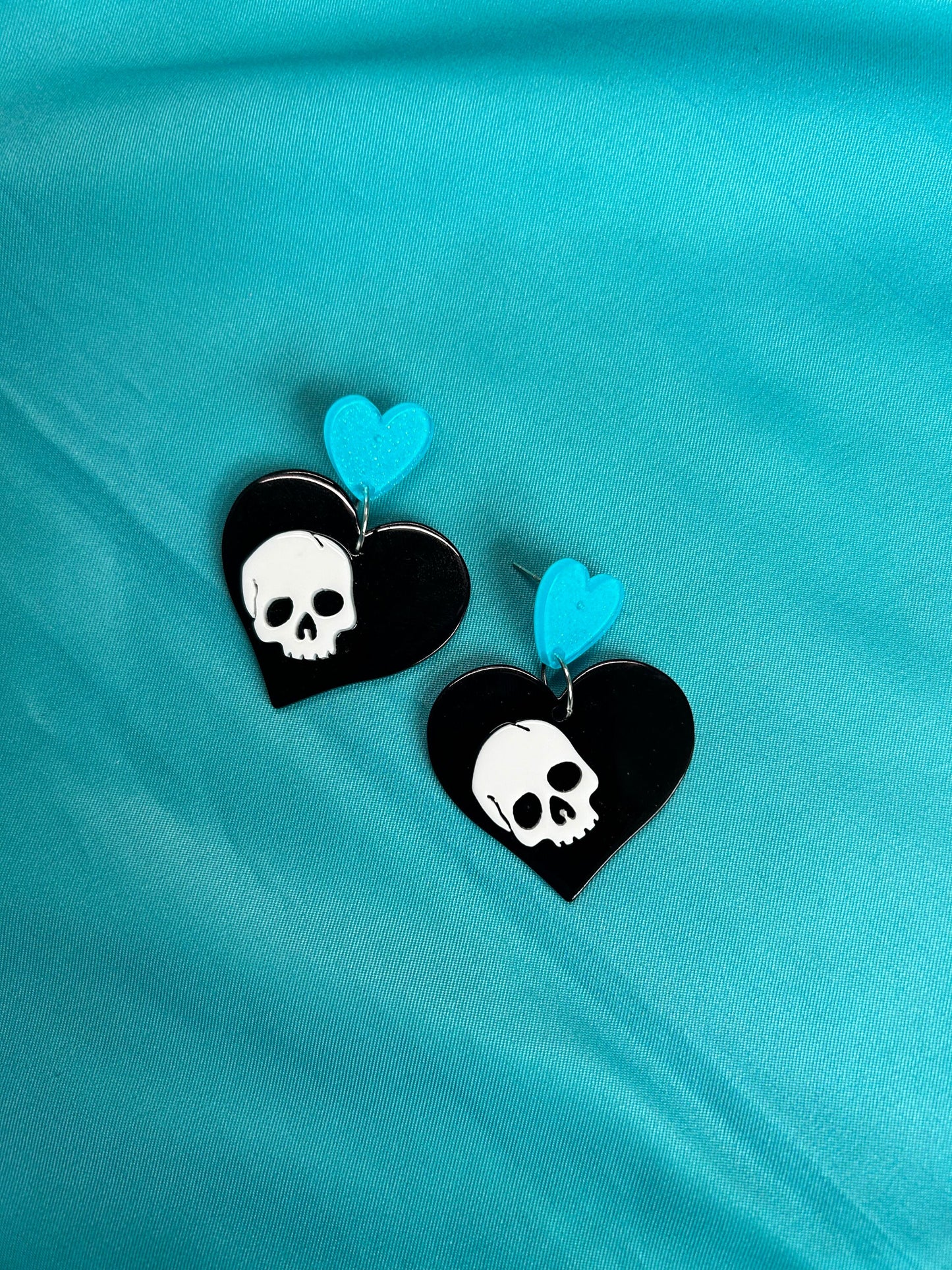 Skull on Heart Earrings | Choose Your Style | Blue Hearts, Pink Circles, Blue Triangles, Silver or Gold Hooks