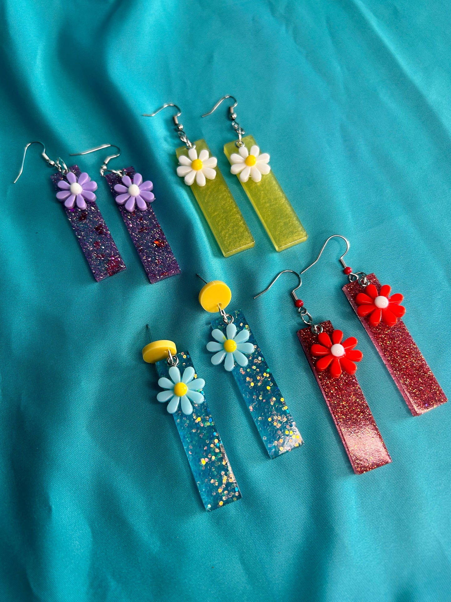 Rectangle Flower Statement Earrings | Blue Glitter and Yellow, Purple, Red