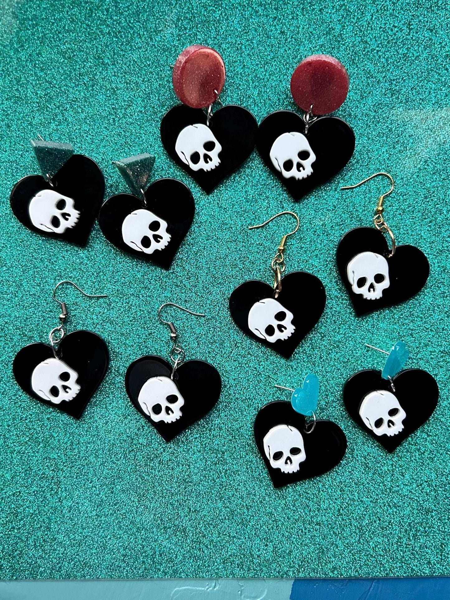 Skull on Heart Earrings | Choose Your Style | Blue Hearts, Pink Circles, Blue Triangles, Silver or Gold Hooks