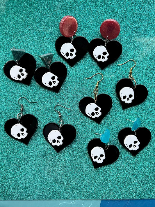Skull on Heart Earrings | Choose Your Style | Blue Hearts, Pink Circles, Blue Triangles, Silver or Gold Hooks