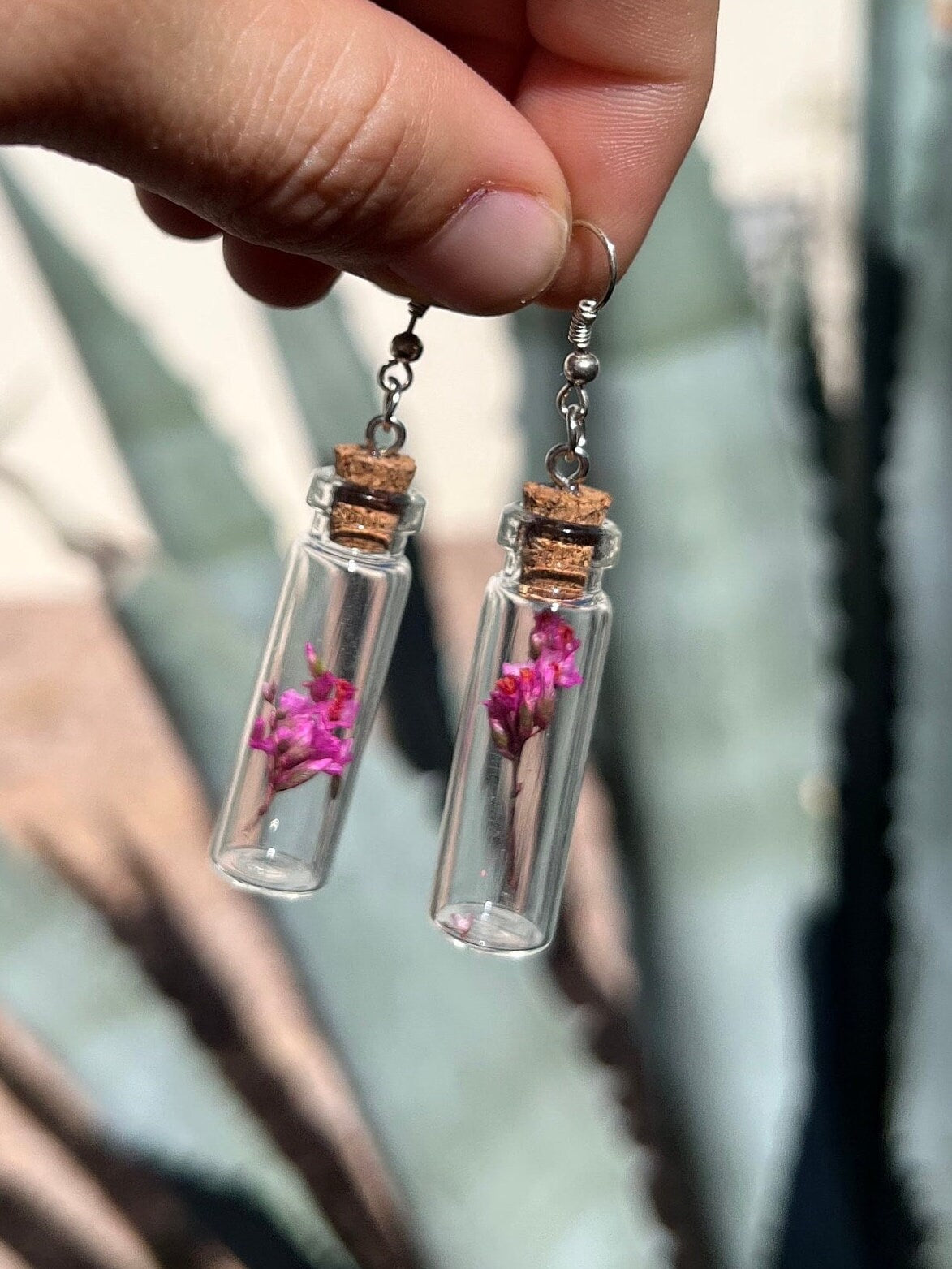 Handmade Long Dangle Potion Herb Bottle Earrings Silver fully changeable openings with dried flowers inside pink cork glass