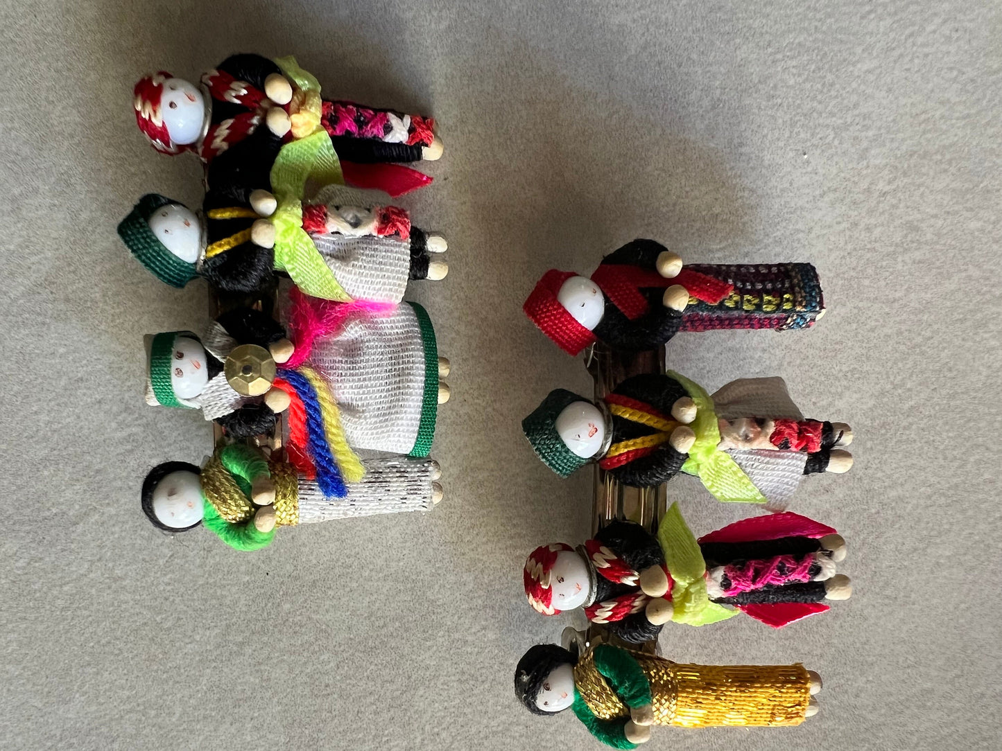 Hand made hair clips with little indigenous people with cloth clothing tiny child novelty hair clip vintage