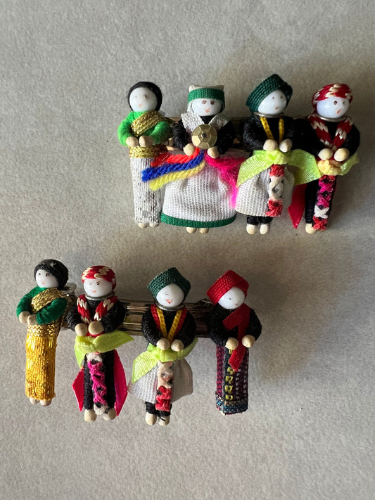 Hand made hair clips with little indigenous people with cloth clothing tiny child novelty hair clip vintage