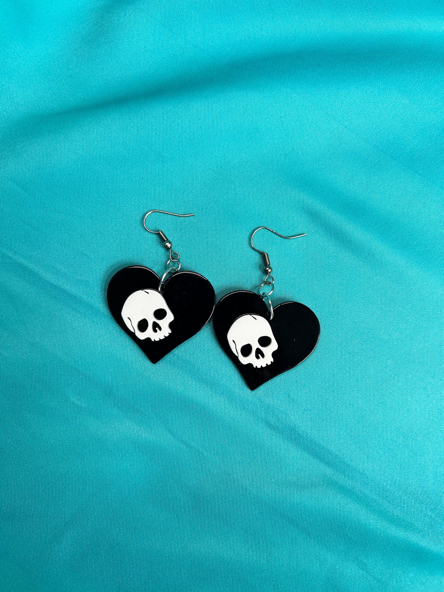 Skull on Heart Earrings | Choose Your Style | Blue Hearts, Pink Circles, Blue Triangles, Silver or Gold Hooks