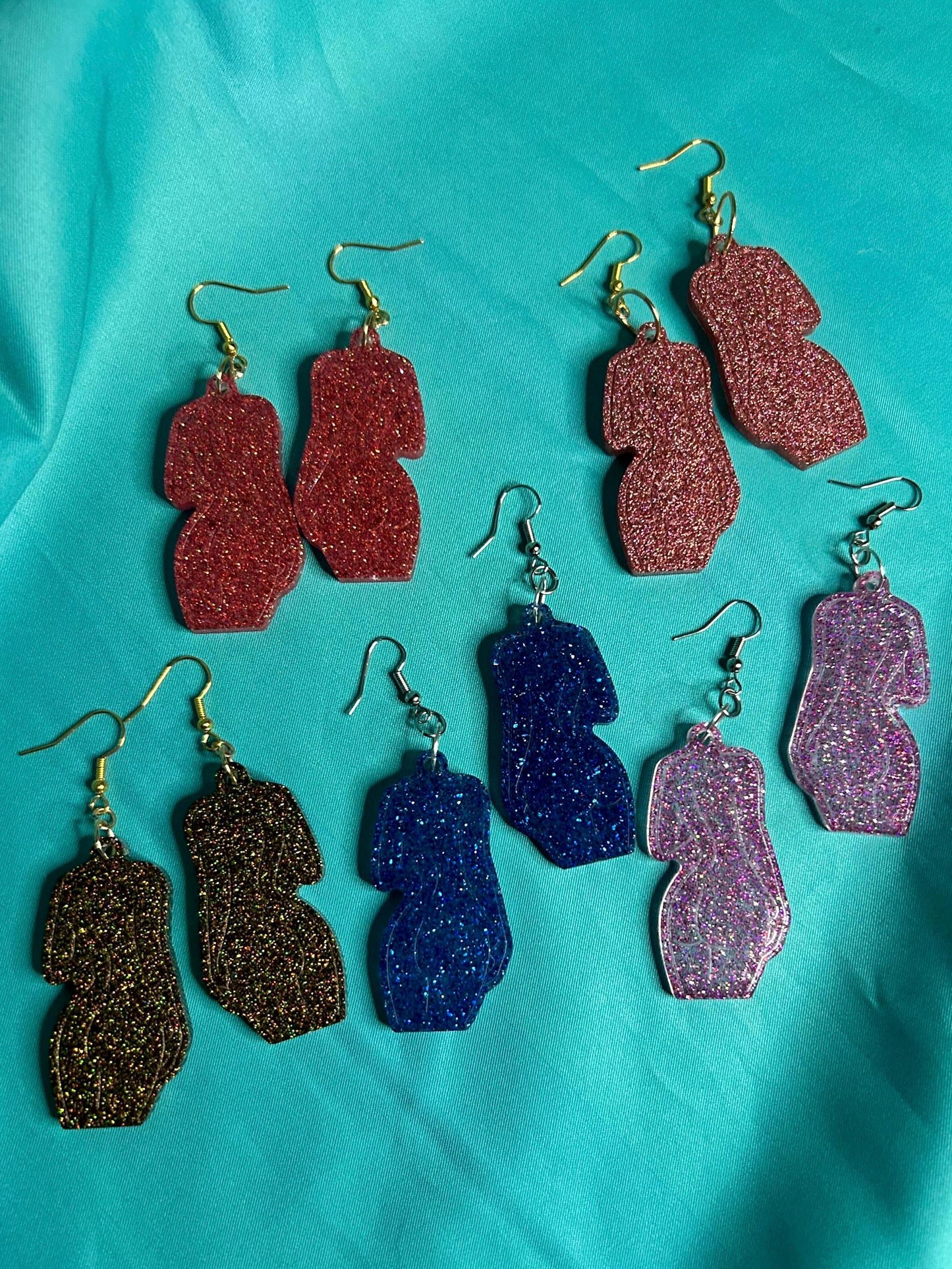 The Body Beautiful Earrings | peach, blue, purple, olive | holographic glitter curvy female body in resin with silver hooks