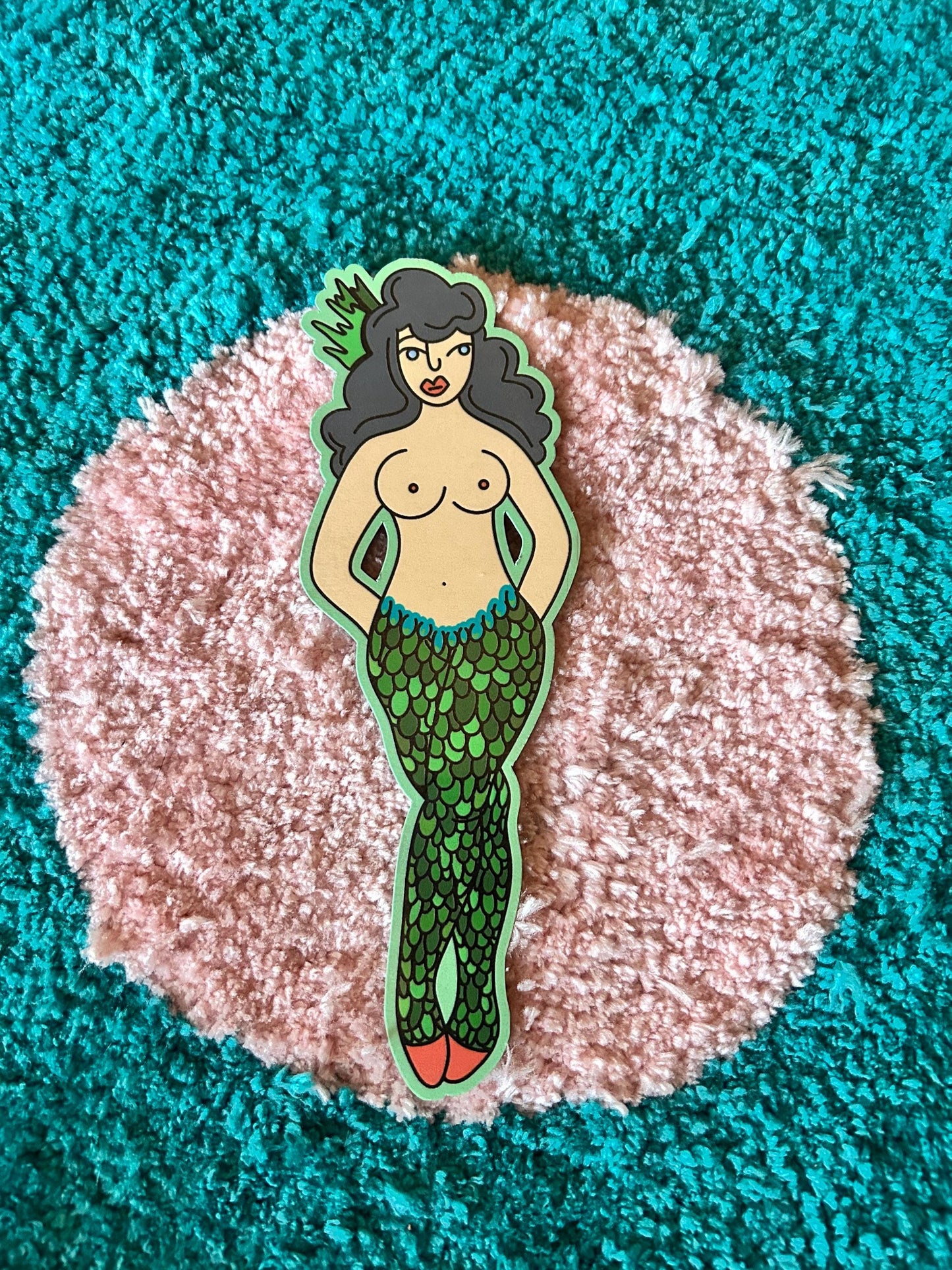 Walking Pin Up Mermaid Sticker | hand drawn, glossy, holographic