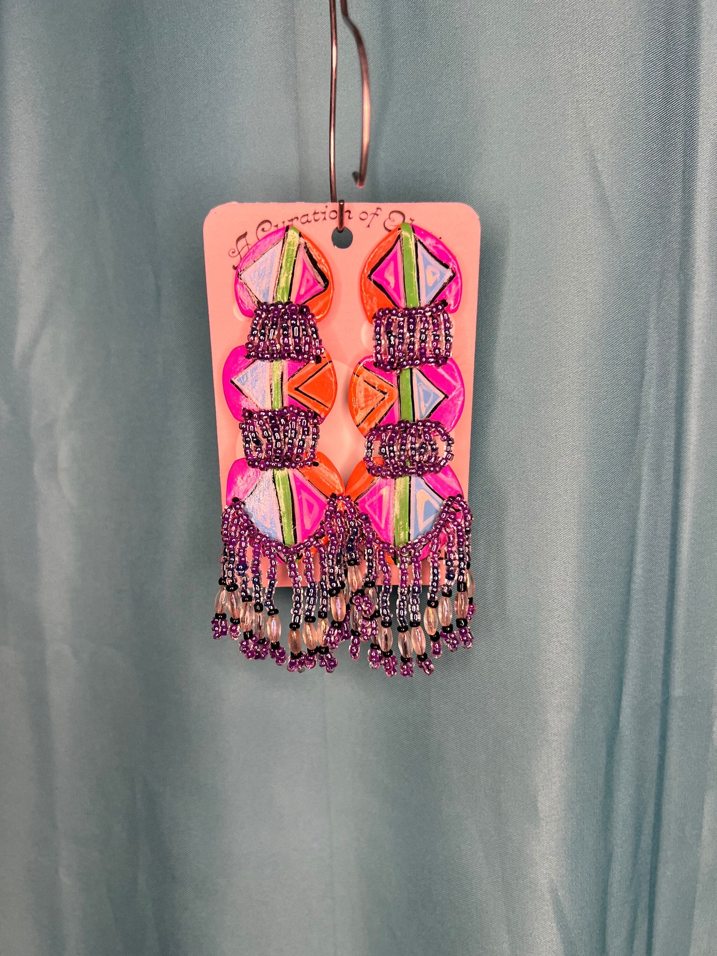 Paper and beaded purple pink orange Drop earrings silver ear push backs post handmade