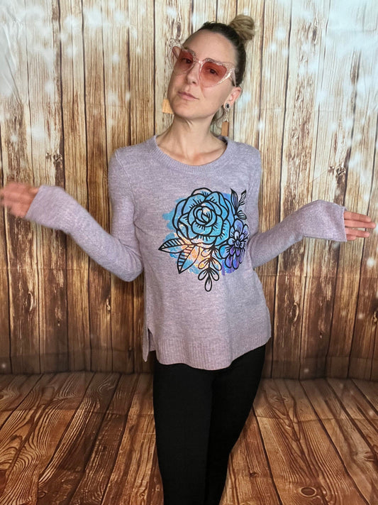 Purple Flower Holographic Sweater Upcycled Old Navy Size Small