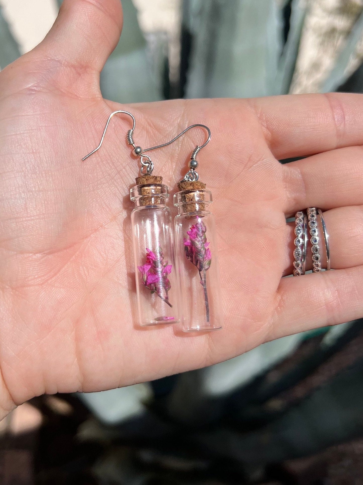Handmade Long Dangle Potion Herb Bottle Earrings Silver fully changeable openings with dried flowers inside pink cork glass
