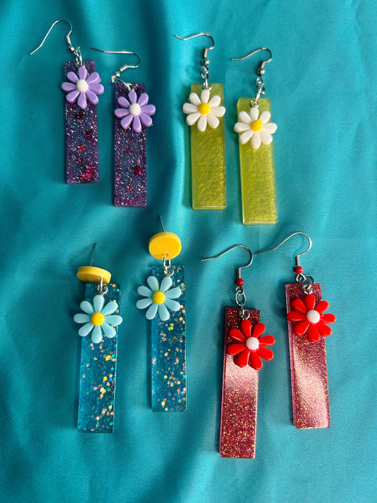 Rectangle Flower Statement Earrings | Blue Glitter and Yellow, Purple, Red