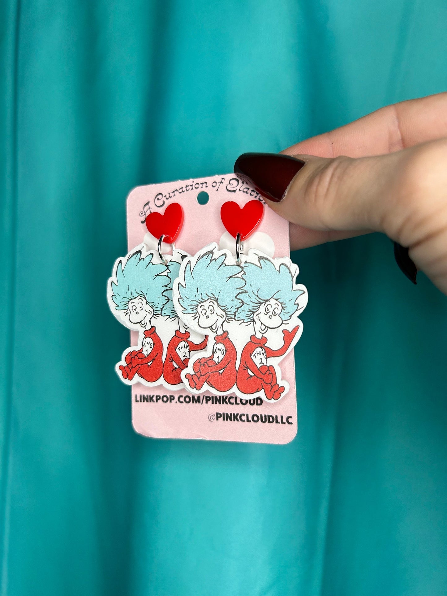 Thing 1 and 2 Dr Seuss acrylic statement Handmade Long Dangle Earrings red white and blue with red heart silver push back earrings