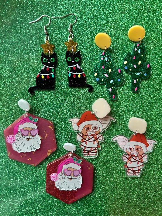 Weird Christmas Earrings | Gremlin | Disco Santa | Black Cat | Saguaros