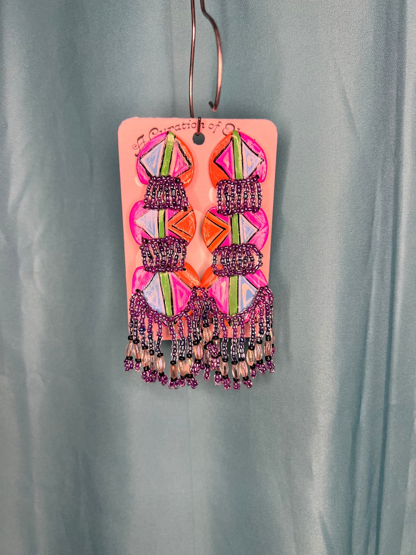 Paper and beaded purple pink orange Drop earrings silver ear push backs post handmade