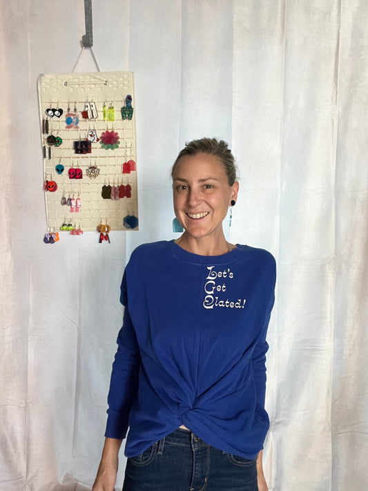 Let’s get elated blue and white Upcycled twist crop sweater Long Sleeve Crop Top Size Small