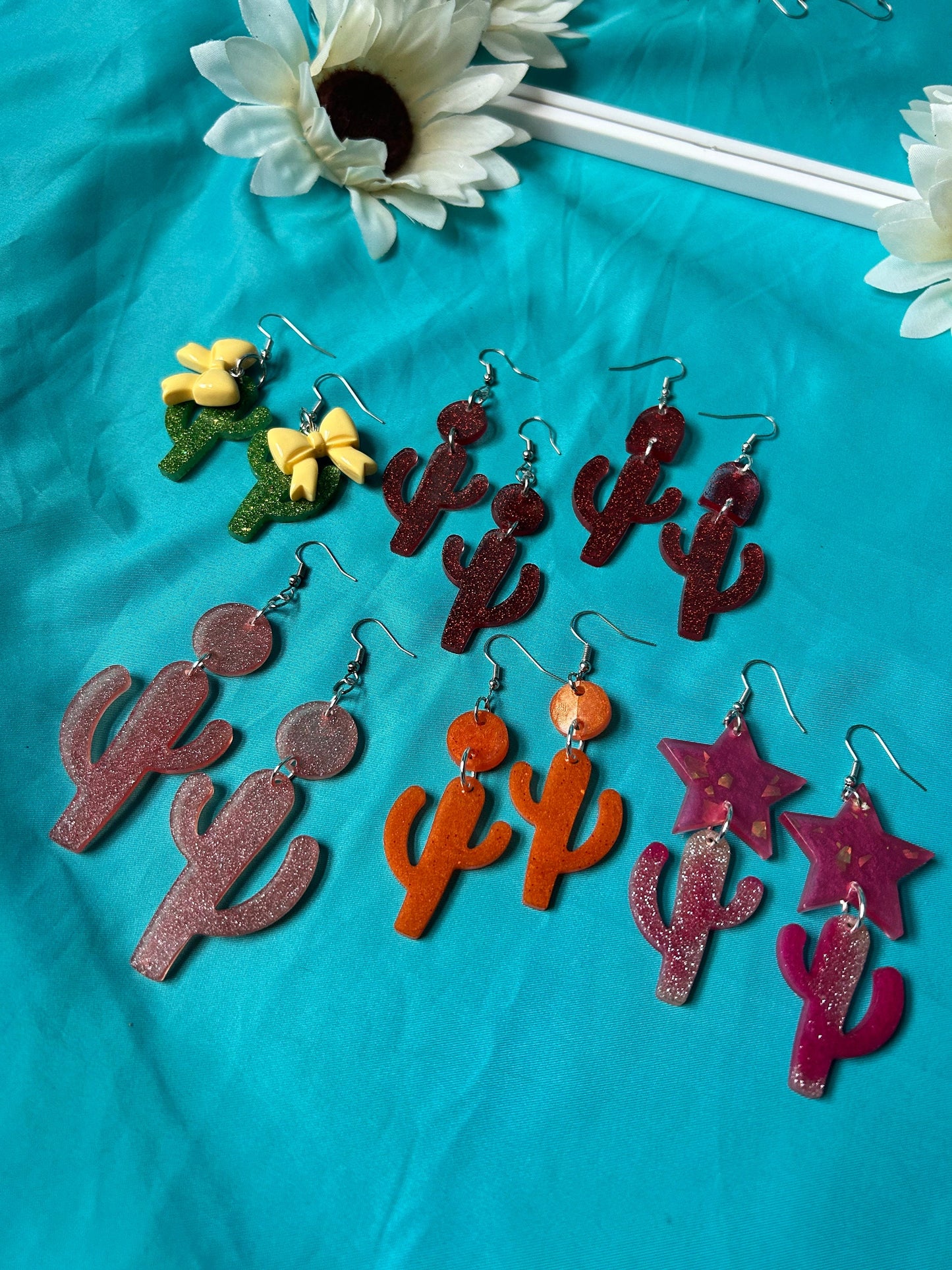 Little Saguaro Cactus Handmade Long Dangle Earrings