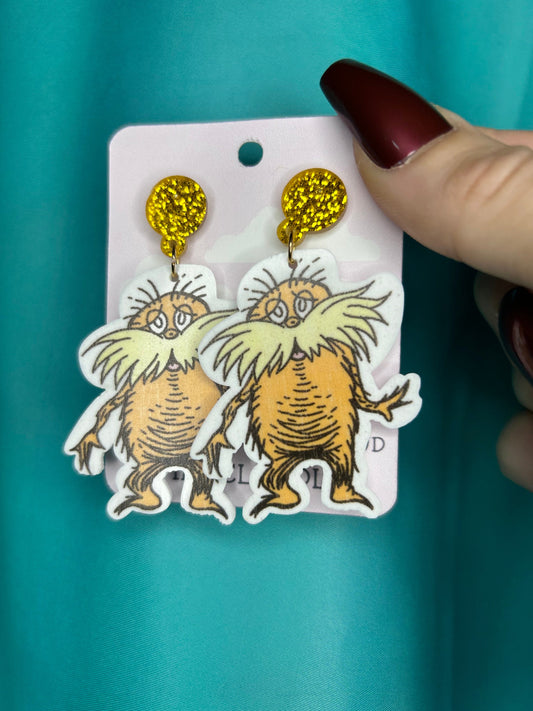Lorax earrings with bronze glitter circle push back posts in silver dr Seuss