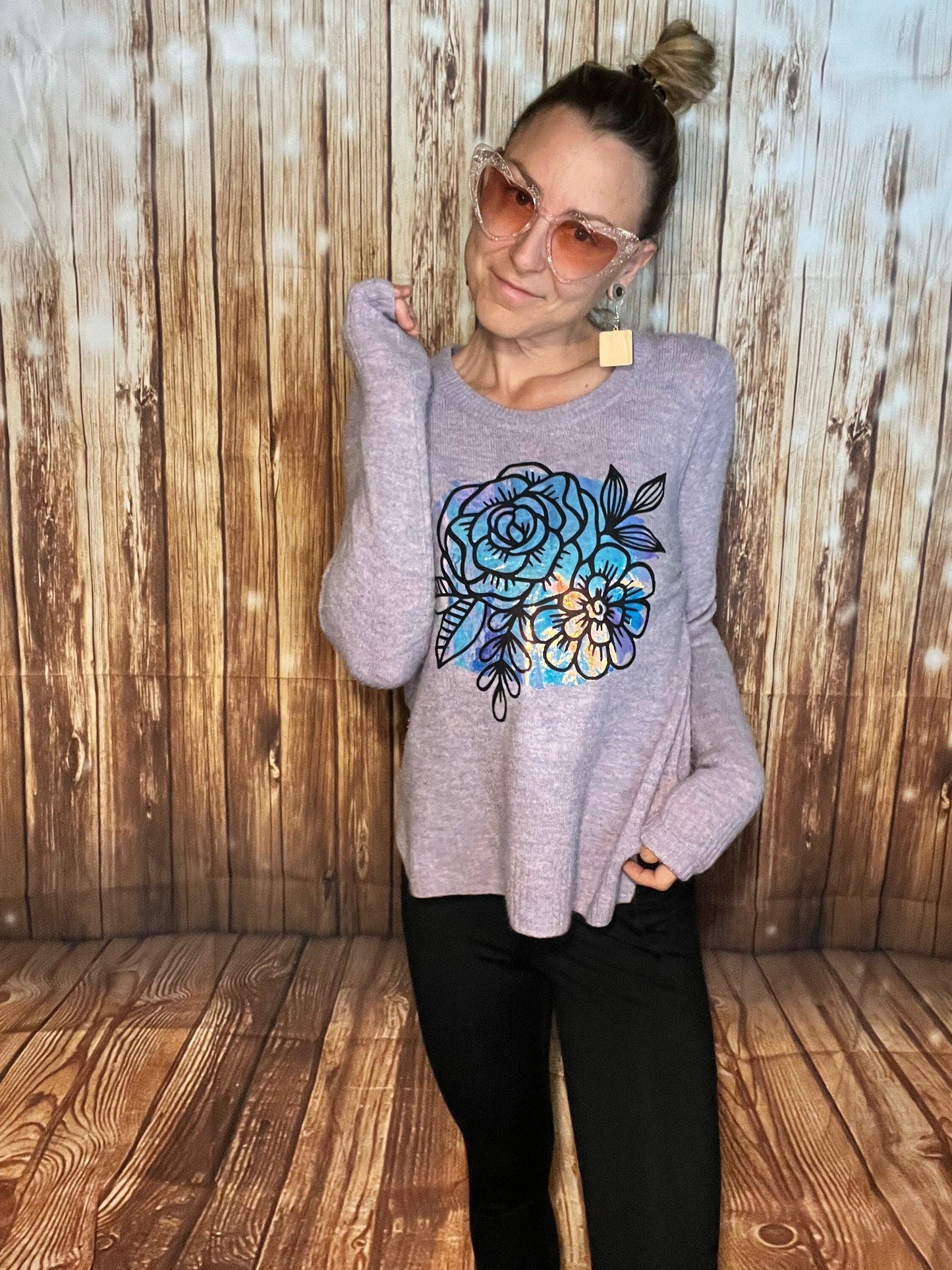 Purple Flower Holographic Sweater Upcycled Old Navy Size Small