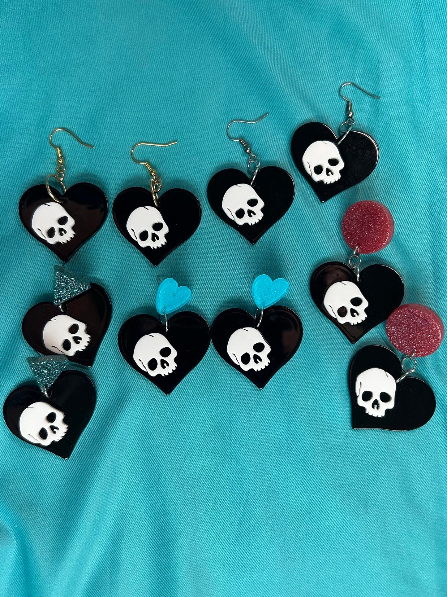 Skull on Heart Earrings | Choose Your Style | Blue Hearts, Pink Circles, Blue Triangles, Silver or Gold Hooks