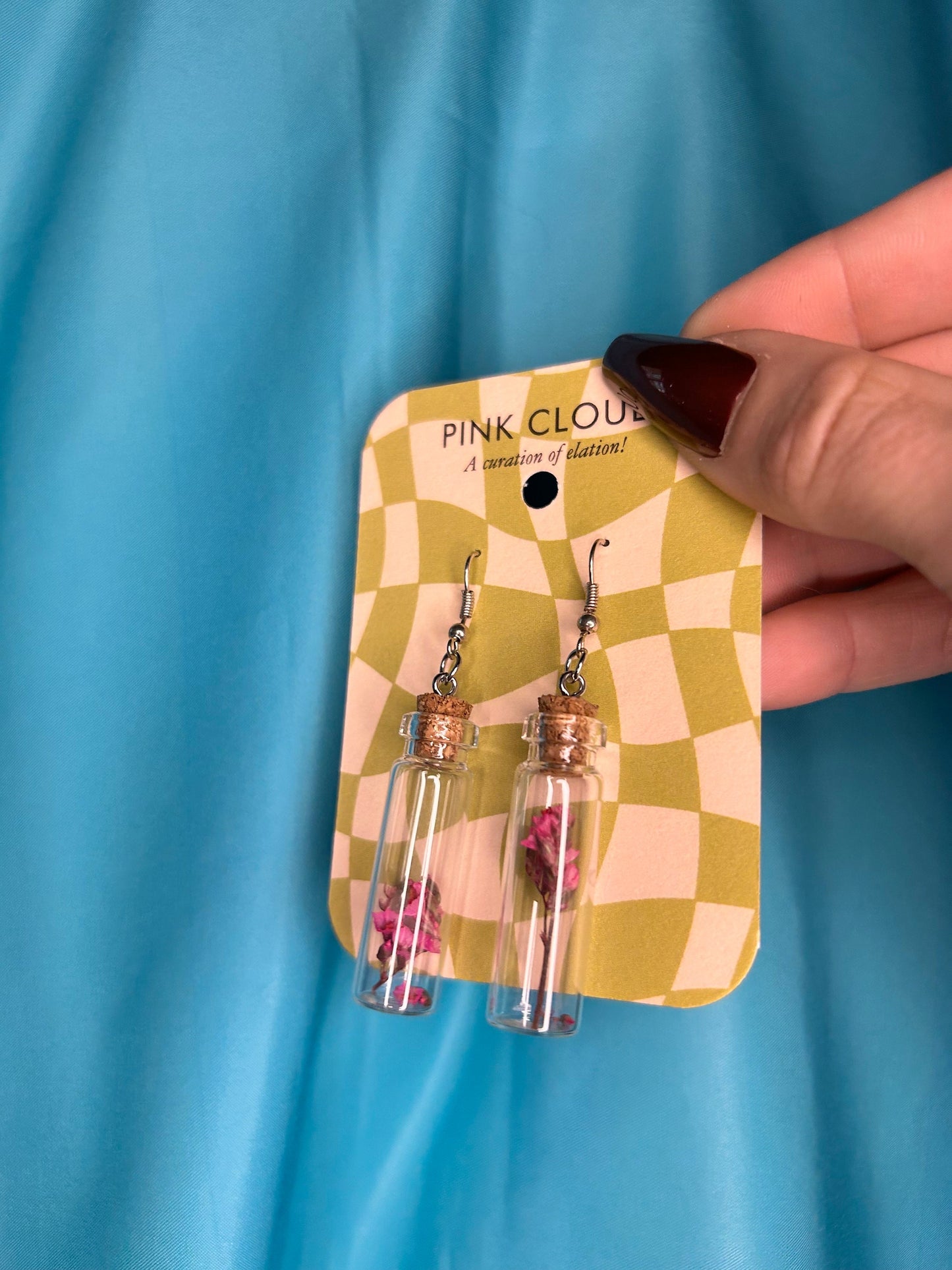 Handmade Long Dangle Potion Herb Bottle Earrings Silver fully changeable openings with dried flowers inside pink cork glass