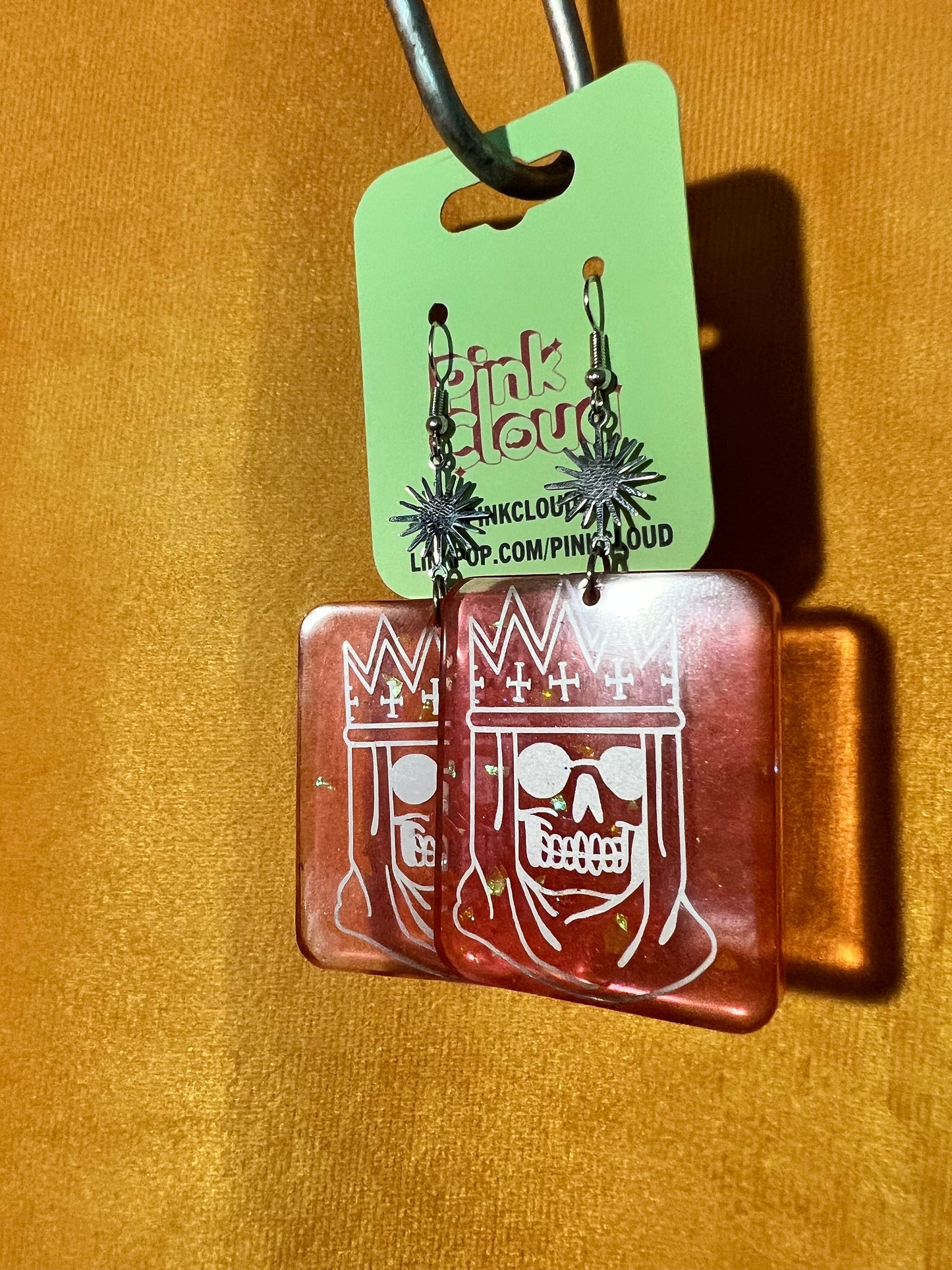 Handmade Long Dangle Earrings red and orange glitter rectangle with silver royal skull decal