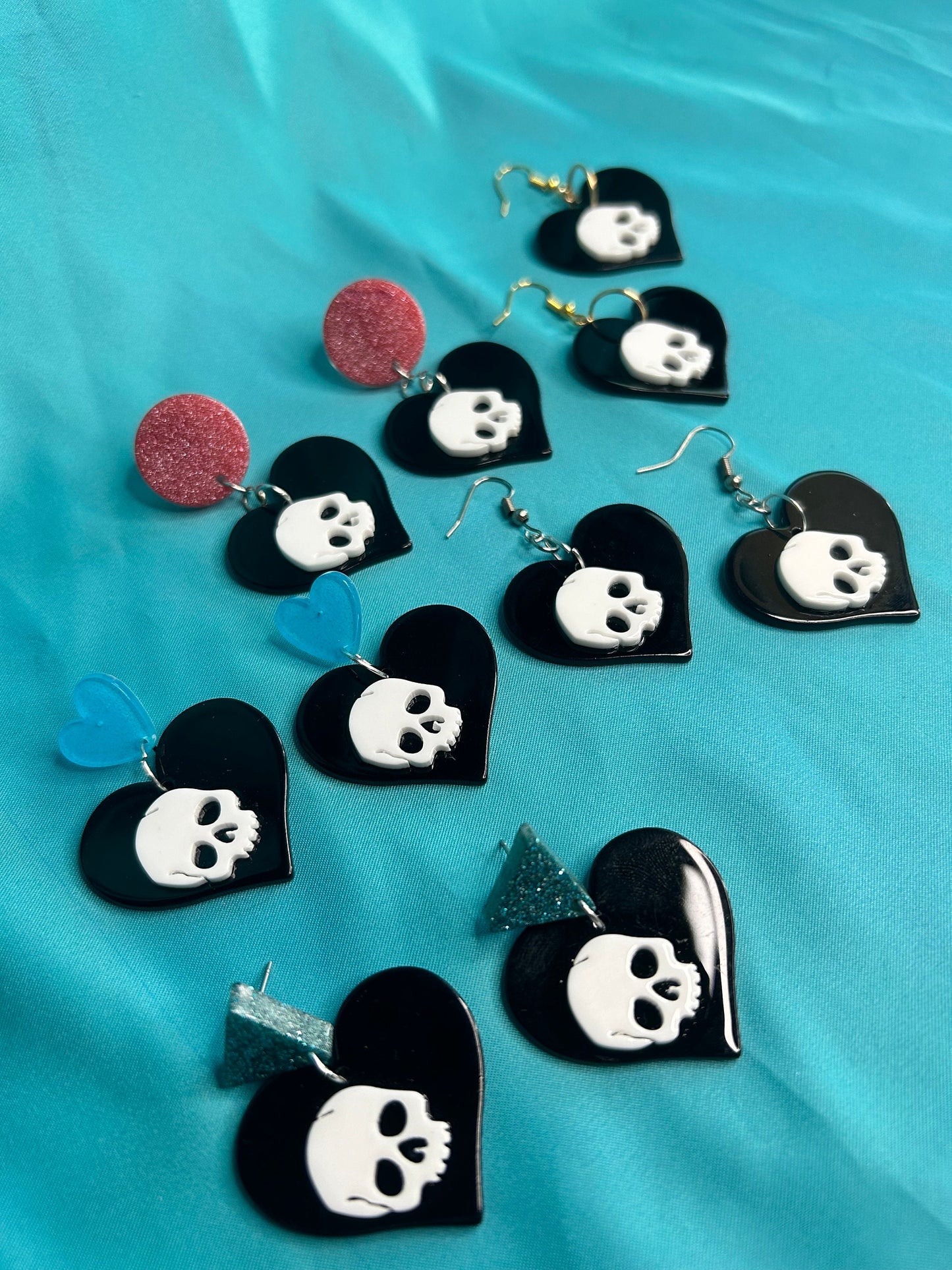 Skull on Heart Earrings | Choose Your Style | Blue Hearts, Pink Circles, Blue Triangles, Silver or Gold Hooks