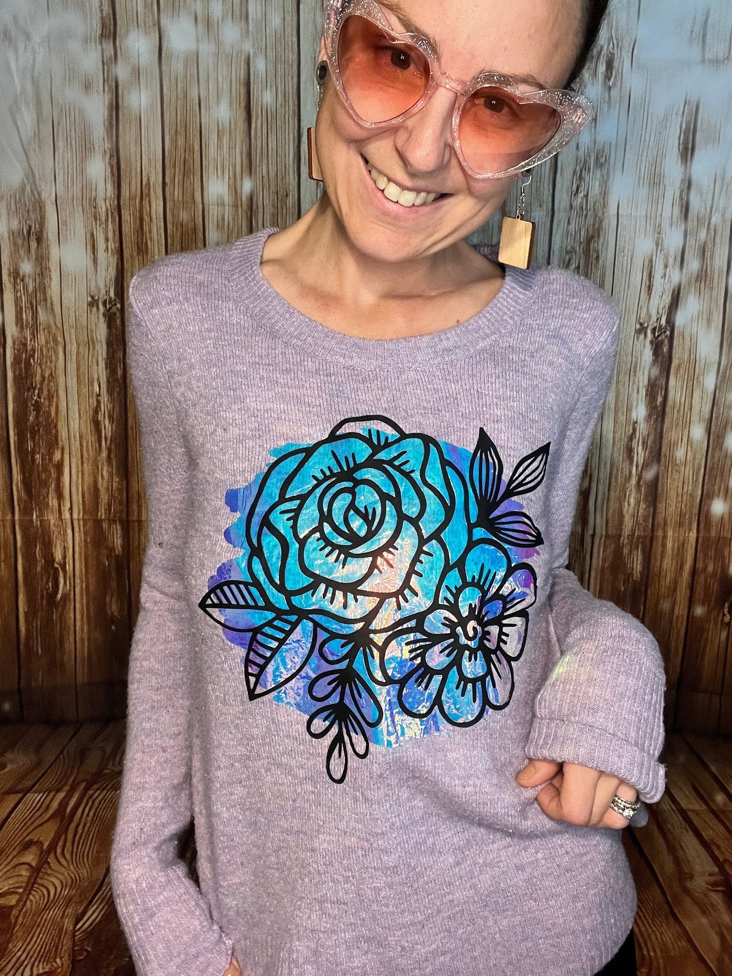 Purple Flower Holographic Sweater Upcycled Old Navy Size Small