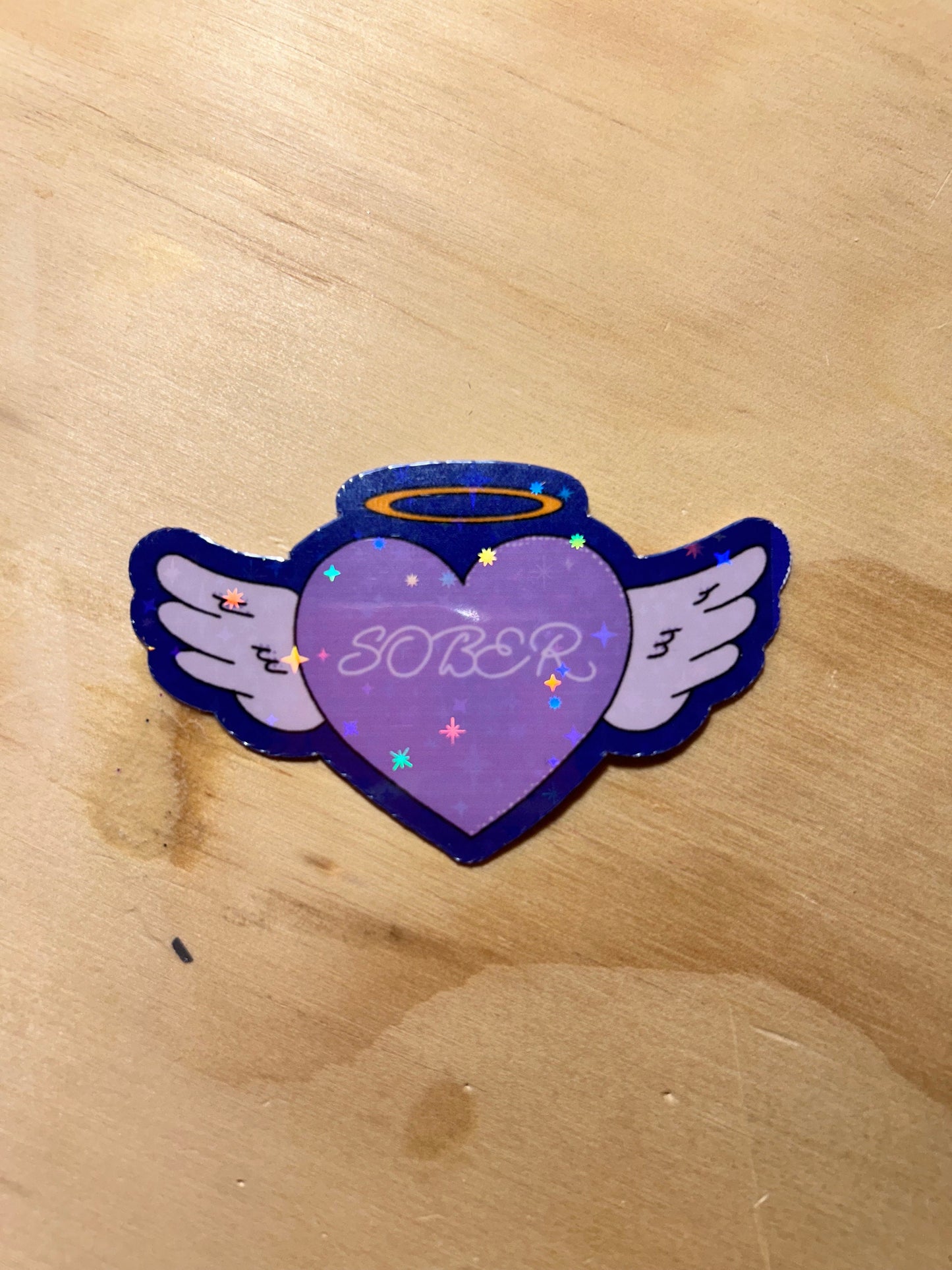Sober Angel Wings Holographic Sticker: Retro 90s AA Recovery