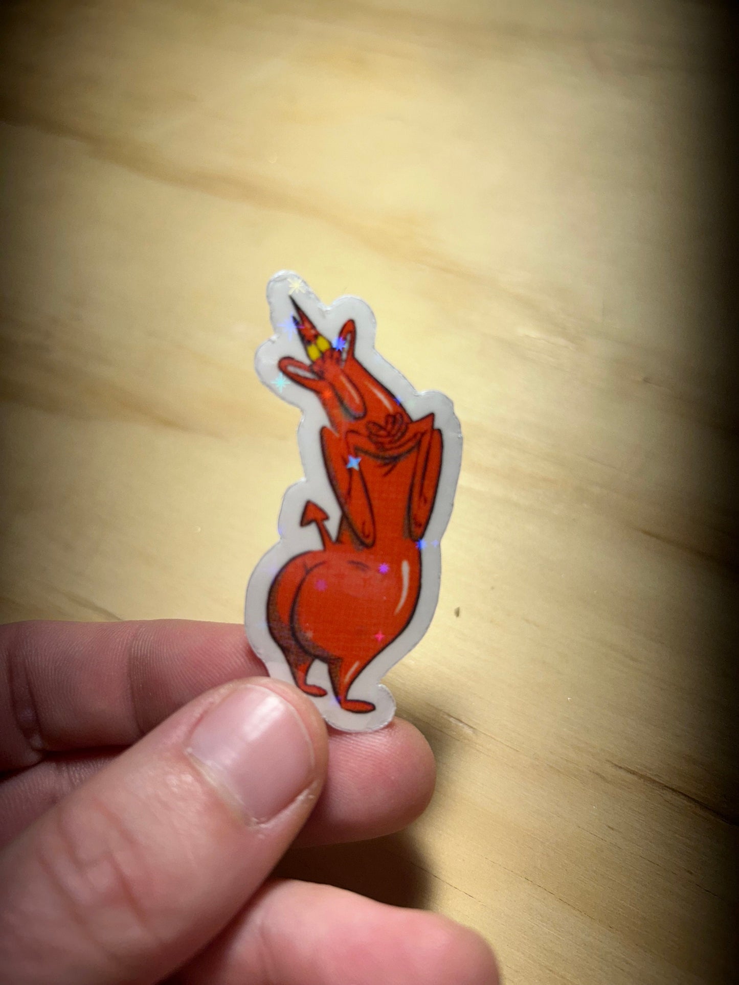 Red Guy Devil Sticker: Cow and Chicken, Holographic Halftone