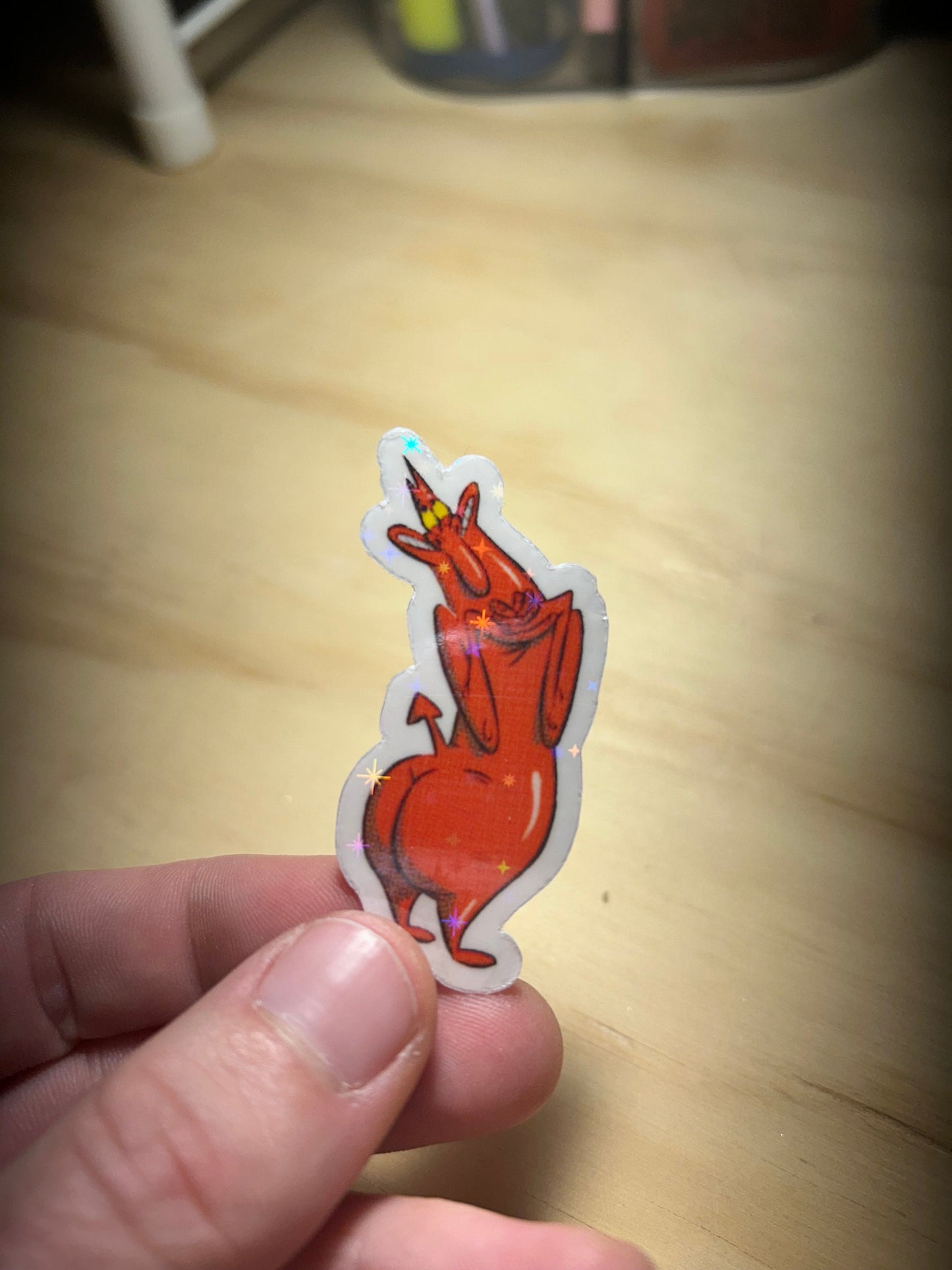 Red Guy Devil Sticker: Cow and Chicken, Holographic Halftone