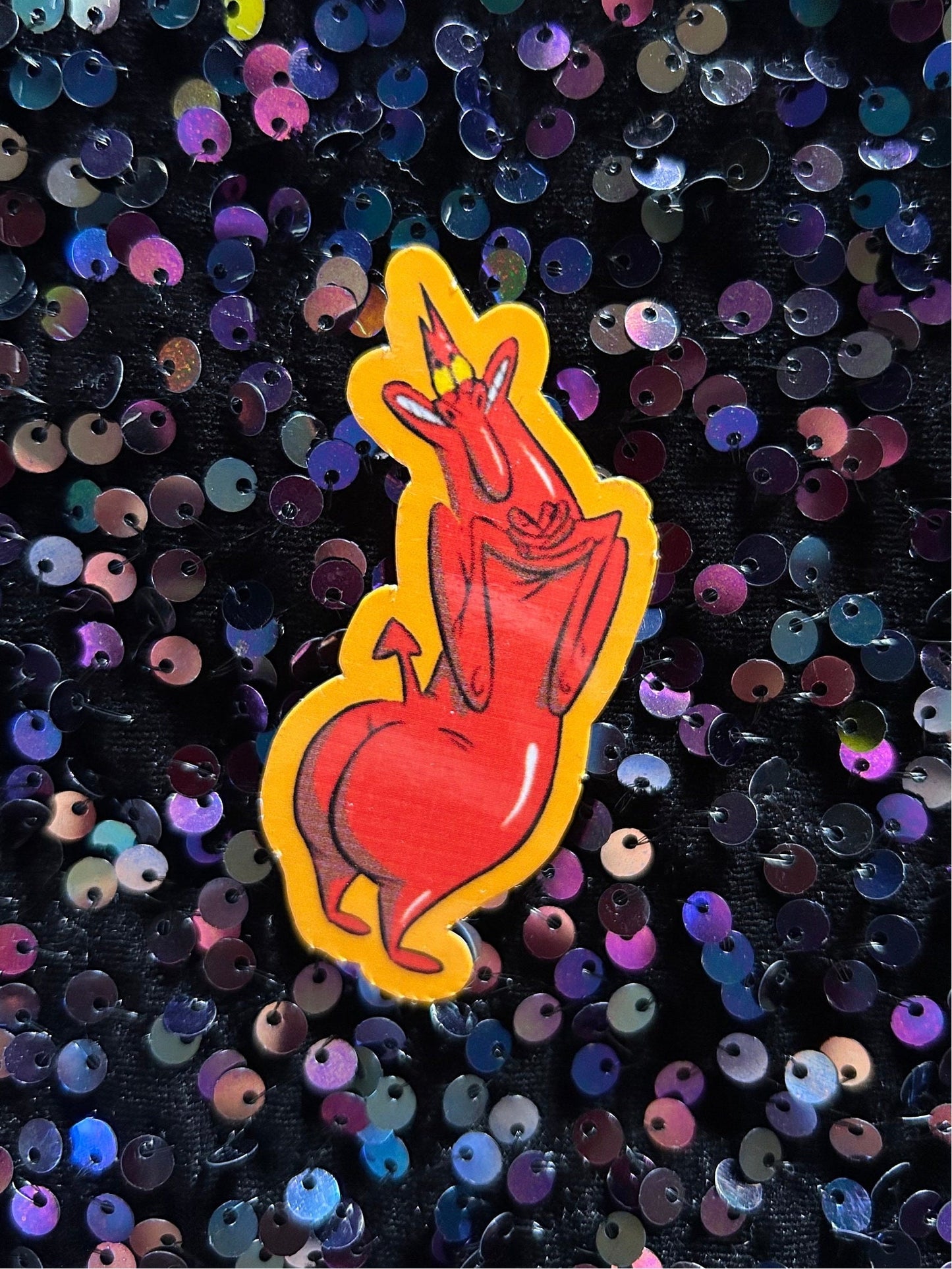 Red Guy Devil Sticker: Cow and Chicken, Holographic Halftone