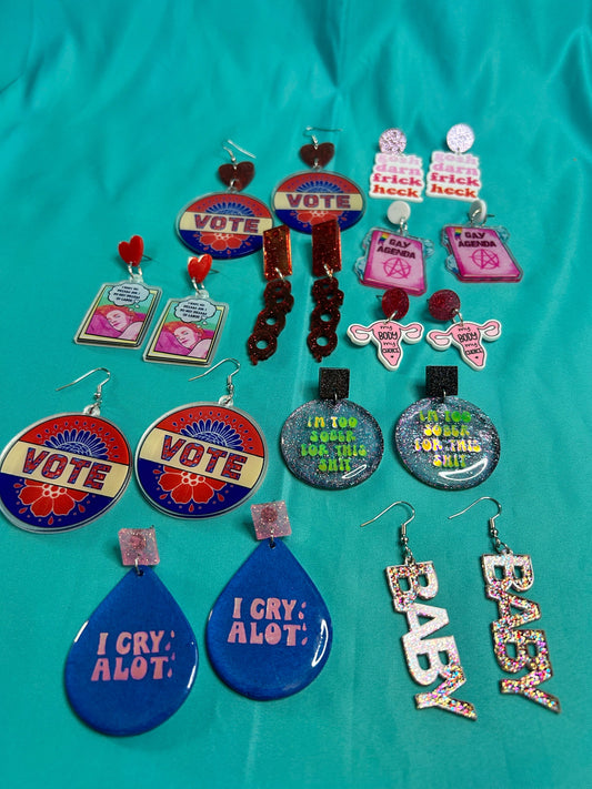 Outspoken Acrylic Statement Earrings: Glittery Political Jewelry
