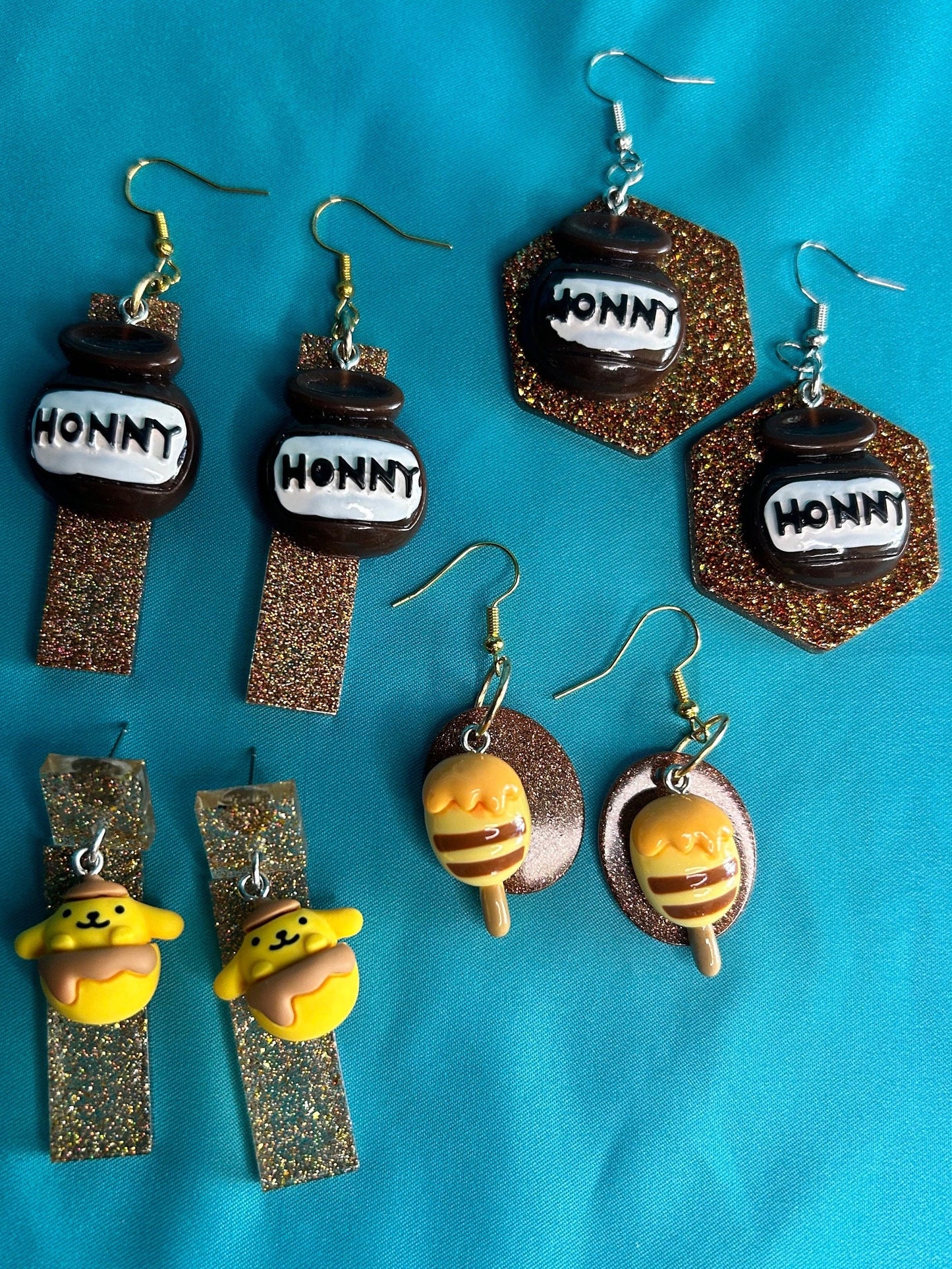 Handmade Glitter Resin Dangle Earrings: Honey Pot Charm