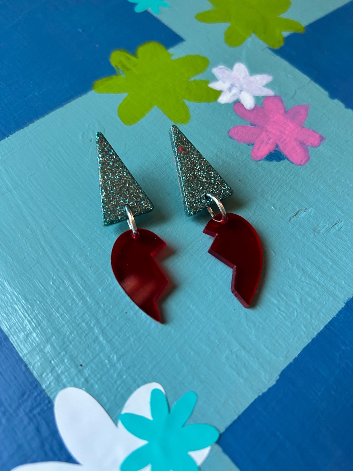 Handmade Glitter Broken Heart Dangle Earrings: Turquoise & Red
